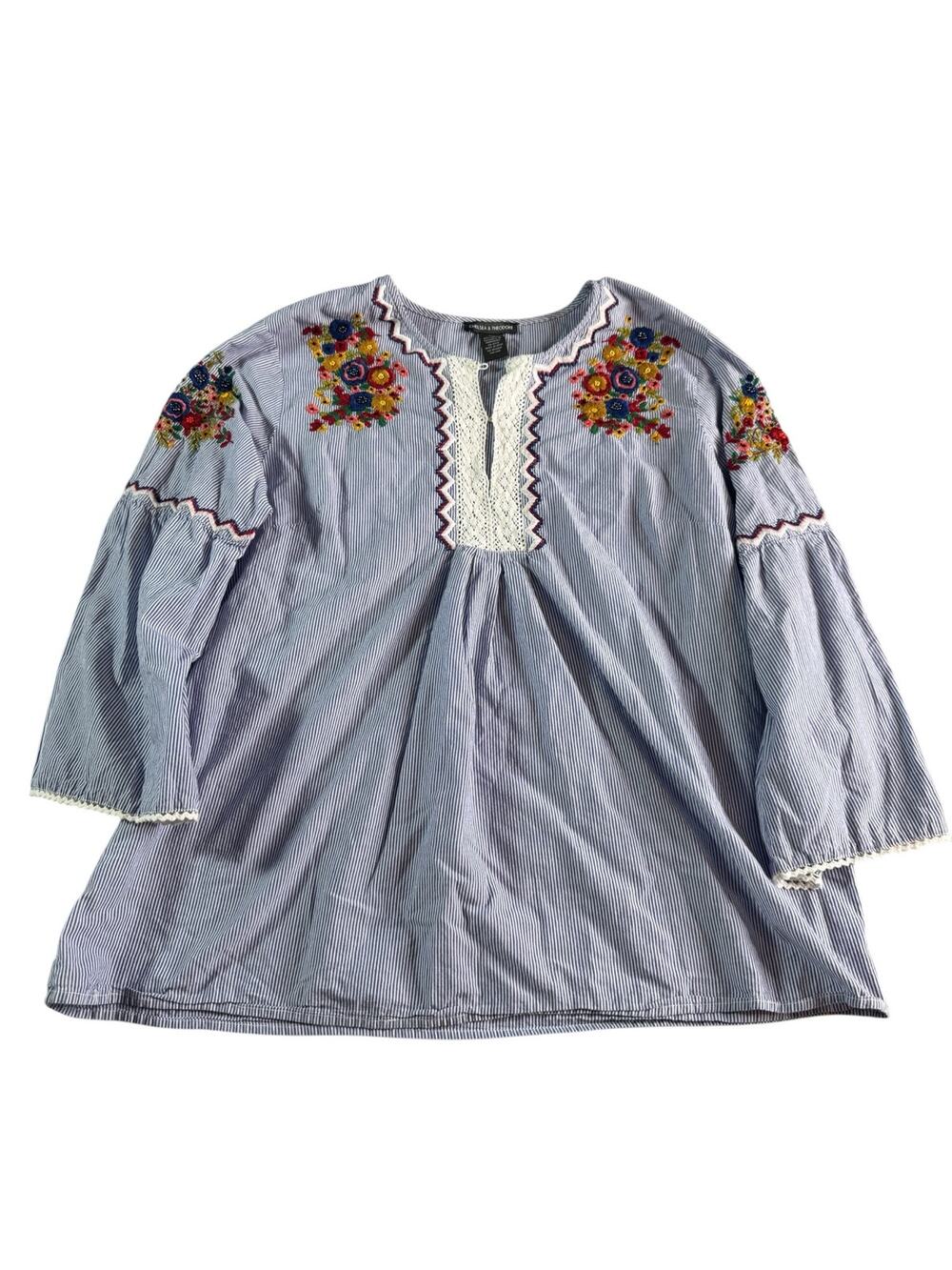 Chelsea & Theodore XL Embroidered Floral Blouse Striped Boho Bell Sleeve Cotton